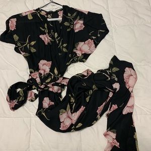 Black floral wrap dress